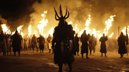 Ancient Celtic Samhain festival reenactment with warriors holding torches and a horned figure leading the fiery ritual under a night sky.