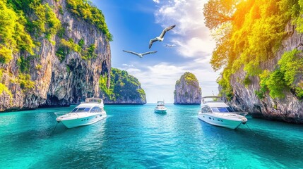 Obraz premium Serene Tropical Landscape with Boats and Clear Water