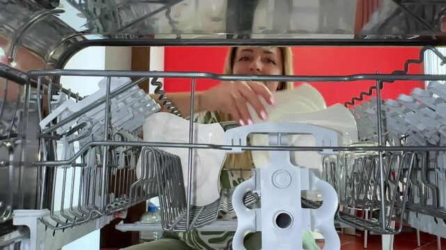 A woman takes dishes out of the dishwasher.