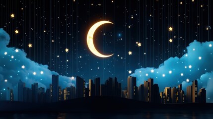 A surreal cityscape, illuminated by a crescent moon and a sky filled with twinkling stars, creating a magical nighttime scene.