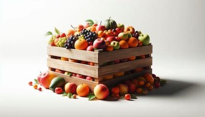 Wooden Crate Overflowing with Freshly Harvested  Fruits Isolated on a Clean White Surface A Celebration of Farm-to-Table Freshness