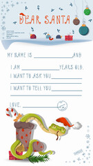Fototapeta premium A letter for Santa Claus with lines to fill in wishes and data A snake climbs out of a sock for gifts