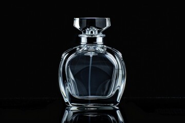 Perfume bottle glass black background.
