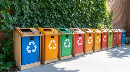 A row of recycling bins at a school or college campus, each labeled with bold, colorful signs for different materials, placed against a clean brick wall with green ivy growing nearby.