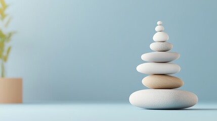 Peaceful zen garden with balanced stones, calm atmosphere representing equilibrium and harmony, 3D illustration