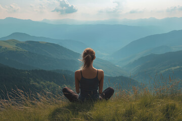A woman is sitting on a hillside, looking out over the mountains