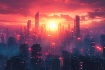 Obraz premium futuristic nighttime cityscape bursting with vibrant neon lights and glowing skyscrapers creating a cyberpunk atmosphere that resonates with energy and innovation in an urban environment