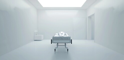 Minimalist white hospital room in morgue with covered gurney and modern design