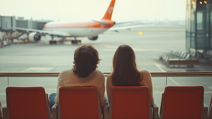 young couple tourists waiting for flight to take off at airport. People and lifestyles concept. Travel and Adventure theme. Back view portrait