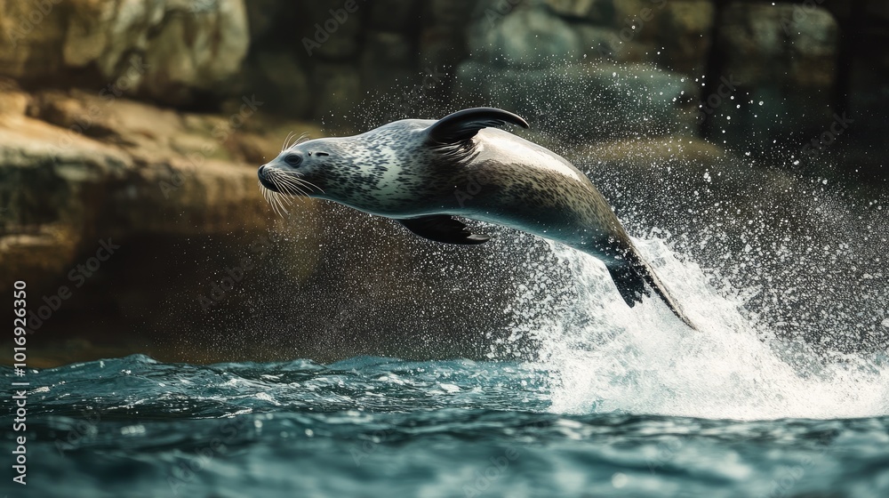 Wall mural seal leaping from water with splashes of spray