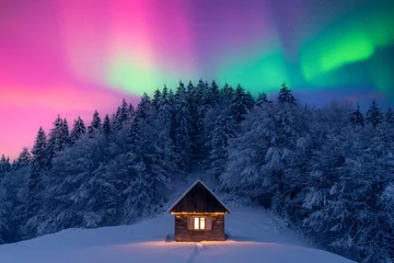 Cozy wooden cabin in snowy forest under incredible Northern lights in starry sky. Christmas landscape with Polar lights and winter mountains. Aurora Borealis