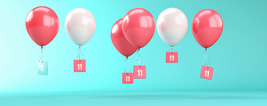 Promotional balloons and sale tags, 11.11 Shopping Day, vibrant background, deep focus, 3D illustration