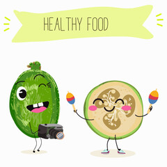Cute  feijoa characters, funny fruits, different activities. Flat vector illustration. Organic food, healthy food, illustrations for kids menu, invitations.