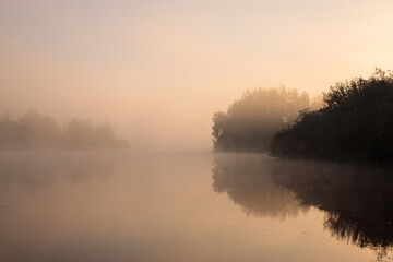 Nature. Dawn on a lake shrouded in morning fog. Mirror calm on the water with plants in the background