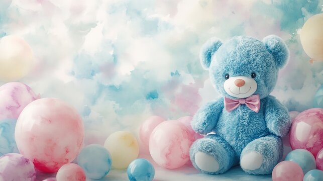 Whimsical birthday party invite featuring adorable watercolor baby toy, middle copy space 