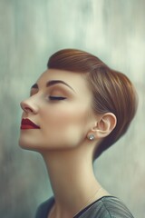 Elegant woman with short brown hair and red lips, exuding confidence and grace.