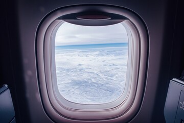 Naklejka premium Large window see winter landscape airplane porthole transparent.