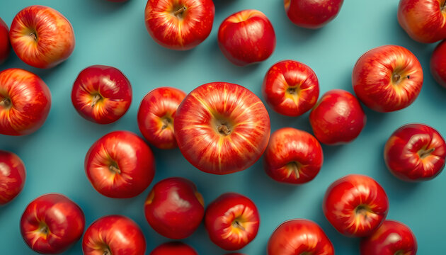 Many red apples on colored background, top view. Autumn pattern with fresh apple above view isolated with white highlights, png
