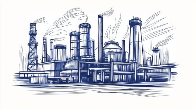 recommend clip art: Sketch of a cloudy industrial complex with tall towers, pipes, and tanks.