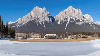 Scenic Mountain View with Winter Landscape and Lodge