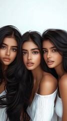 Obraz premium three young women with long, wavy hair for hair advertisment photoshoot.