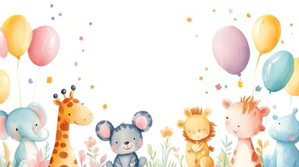 Fototapeta premium Whimsical birthday party invite featuring adorable watercolor zoo animals, middle copy space