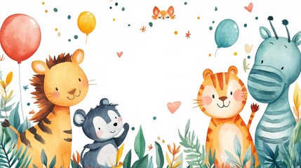 Whimsical birthday party invite featuring adorable watercolor zoo animals, middle copy space