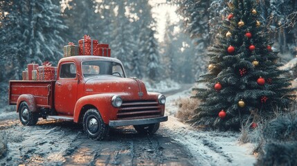 Christmas tree and gifts are piled in the back of a red pickup truck as it drives through a snowy forest.