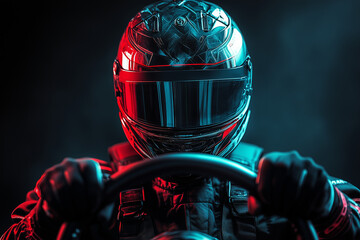 Rally racer holding hands on the steering wheel front view. Racing concept background.