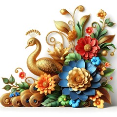 Obraz premium Flowers and a peacock surround a peacock golden with color roses 