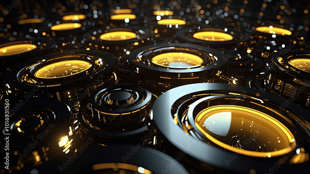 Poster Technology abstract background with hud styled round interface elements in neon tech light.