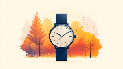 zmiana czasu, jesień, zegar, liście, ciepłe kolory, przejście pór roku, czas zimowy, złota jesień, ilustracja, sezonowa zmiana, jesienne liście, przytulne, zegar vintage, oszczędność czasu, zmiana cza © Eliza