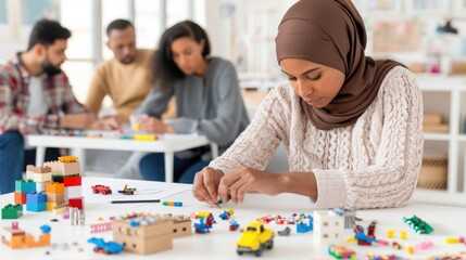 Fototapeta premium Focused woman in hijab building with colorful blocks at modern community center