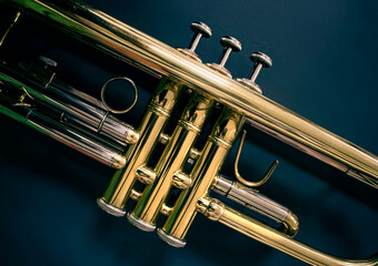 top view of a golden trumpet in the foreground and dark background