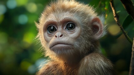 Fototapeta premium A close-up portrait of a young monkey with big, curious eyes, looking directly at the camera.
