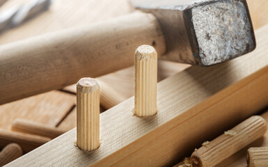 hole in wooden oak board for wooden dowel. carpentry industry.