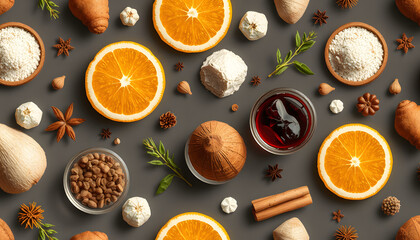 Seamless pattern with ingredients for hot winter drinks such as grog, punch, mulled wine isolated with white highlights, png