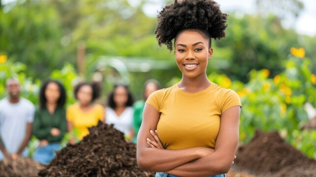 Confident woman leading community gardening project with team in lush green environment
