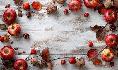 Apples on a dark marble background. Beautiful fresh ecological red apples and autumn leaves on the table. Top view. Autumn composition. Harvest. Place for text.