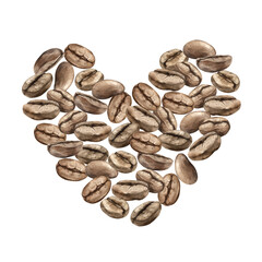 Roasted aromatic brown coffee beans. Heart-shaped composition of beans. Hand-drawn watercolor illustration on isolated background, for product packaging design, stores, cafes, menus