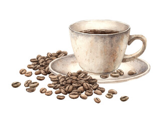 A mug of aromatic coffee with a plate and roasted coffee beans. Watercolor isolated hand-drawn illustration. The drawing is suitable for decorating coffee shops, restaurants, menus, postcards