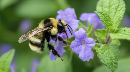 Fototapeta premium Bumblebee Pollinating Purple Flower in Garden