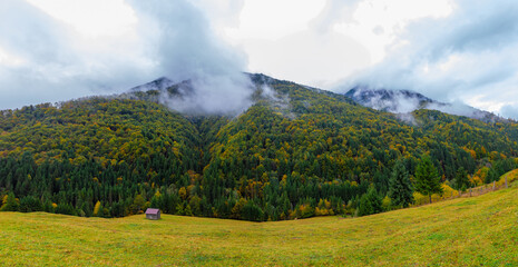 Obraz premium Landscape with steam over autumn woods. Clouds descending on the top of the hill, beautiful autumn colors