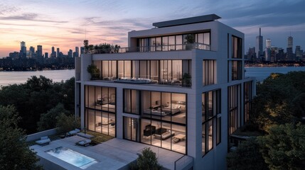 Obraz premium Modern multi-story building with large windows overlooking a city skyline at sunset.