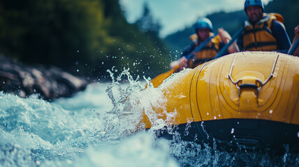 Naklejka premium Thrilling adventure team navigating white water rapids on a bright summer day in a vibrant river landscape