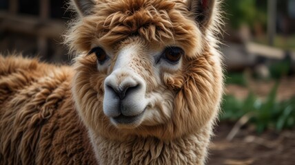 Fototapeta premium A close-up portrait of a brown alpaca with a fluffy coat. The alpaca has a soft, white face with dark brown eyes. It is looking directly at the camera with a gentle and curious expression.