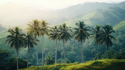 Lush Green Landscape with Palm Trees at Sunrise