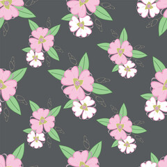 Seamless floral pattern, cute ditsy print with small pink flowers, leaves on purple background. Pretty botanical design for fabric, paper and other surfaces. Vector illustration.