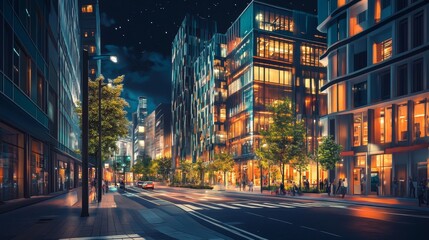 Urban street with office buildings and modern architecture. Night scene