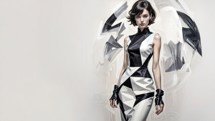 Model posing in a black and white geometric pattern dress against an abstract background